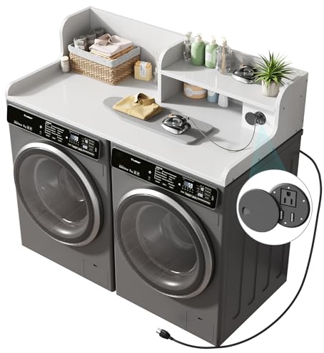 DTK Washer Dryer Countertop with Charging Station, 2 Tier Laundry Countertop with Anti-Slip Strips, 27.55 Depth x 54 Width, Wood Dryer Cover with Shelf,White (White)