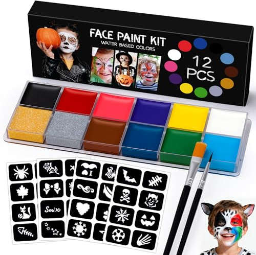 Maquillage Halloween Enfant Kit pour Visage Fille de 12 Couleurs Palette Face Paint Makeup Professionnel pour Théâtre, Carnaval, Scène, Clown, Cosplay, Longue tenue, sûr et résistant à l'eau