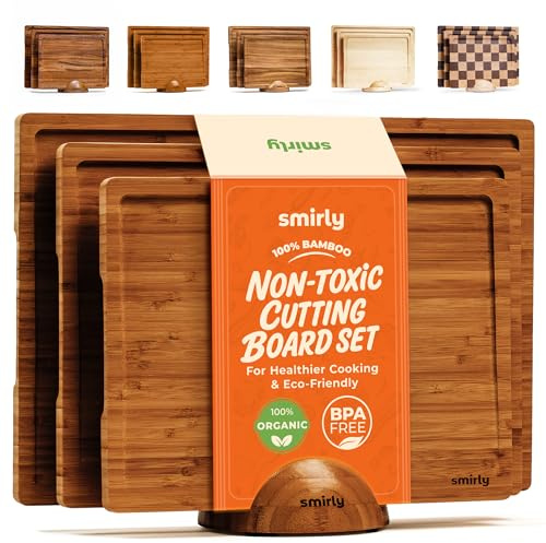 SMIRLY Schneidebretter aus Holz für die Küche, Schneidebrett-Set, wendbar, mit tiefen Saftrillen, Griffen, großes Charcuterie-Tablett, neue Wohnungsutensilien, karbonisierter Bambus, 3 Stück mit