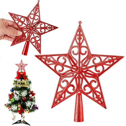 Christbaumspitze Stern Rot - 20cm Weihnachtsbaum Stern Spitze Rot im Leichten Hohl-Design, Stabiler Halt für Jede Tannenbaum Spitze & Traditionelle Weihnachtsdeko