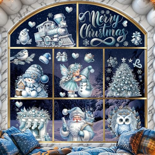 Stickers Noël Fenêtre, Decoration Noel Interieur Maison Autocollant Pere Noel Fenetre Réutilisable Amovible pour Magasin Vitre Vitrine Porte, Grand Bleu Autocollants Hiver Flocon de Neige Sticker
