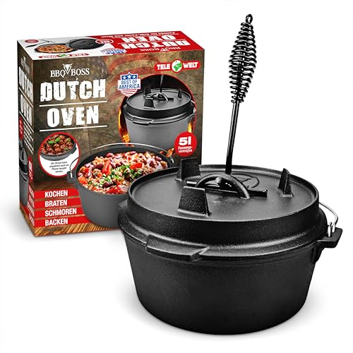 BBQ BOSS Dutch Oven [5L Kapazität] Gusseisen – Topf – Schmortopf – cast iron – Feuertopf – Gulaschkessel – Mit Deckel