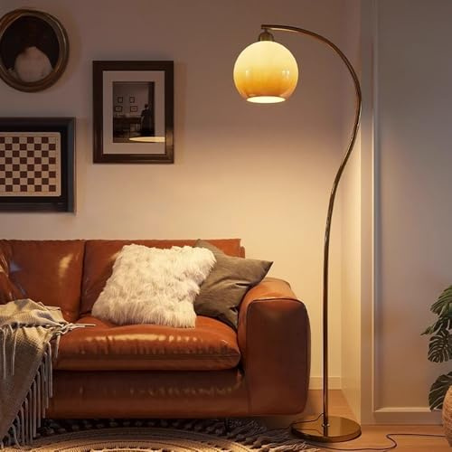 KlkrzJwy Mid Century Globe Glass Floor Lamp 61.8 Arc Floor Light Golden Iron Standing Lamp with E26 Dimmable Orange Glass Tall Light for Living Room Bedroom Study Sofa Area