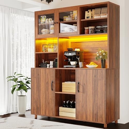 Luxeza Armarios altos para el salón (120 × 40 × 185 cm), armario de cocina, comedor con cajones, armarios con iluminación LED, puerta de armario con bandeja para aperitivos, estilo retro, color nogal
