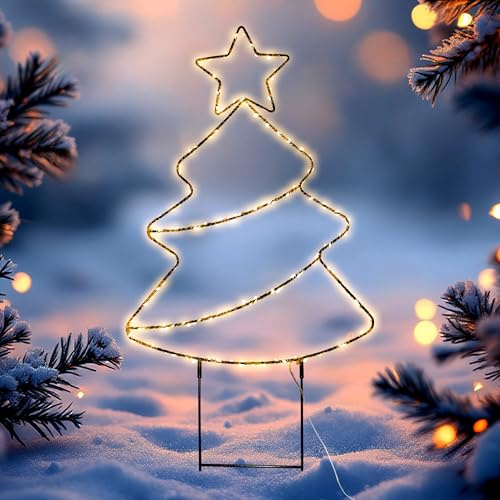 LED Gartenstecker Weihnachtsbaum 96 cm - 180 LEDs - Metall Silhouette | Mit Timer, Tanne zum Stecken, Batteriebetrieben, Für Außen, Weihnachten Garten Deko