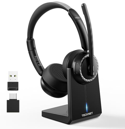 TECKNET Wireless Headset, Bluetooth Headset with AI Noise Cancelling Microphone, USB Dongle &Charging Dock Included,Headsets with Microphone Suitable for Phones/Computers/Trucker/Call Center