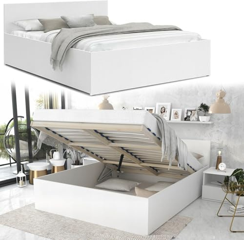 roe furniture Doppelbett 180x200cm, Stauraumbett mit Bettkasten & Birkenholz Lattenrost, Robustes Bett mit Kopfteil, Bettgestell aus Schichtstoffplatte, ohne Matratze, Weiß