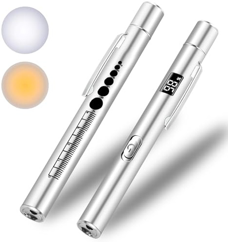 KEWAYO Pen Torch, Reusable Dual Light Source Flashlight with LED, Battery Level Display, Magnetic Cap, Pupil Gauge and Clip, for Inspection, Outdoor & Emergency Use (1, Silver)