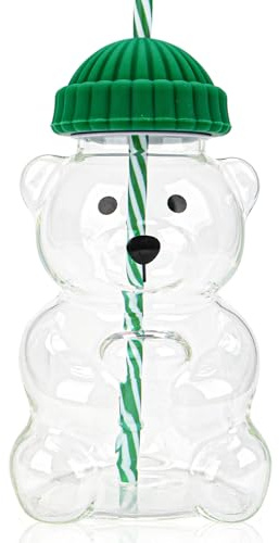 KFDDRN Bären-Glasbecher mit Strohhalm und Deckel, Saftbecher, Trinkbecher, neue süße Bären-Kaffeetasse, Wasserbecher für das Auto, Geburtstagsgeschenk für Mädchen, Valentinstagsgeschenk