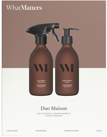 WHAT MATTERS Coffret Duo Maison Multi-Surface + Liquide Vaisselle 290ml | Fleur d'Oranger, Vegan, 99% d'origine naturelle, flacons spray et pompe verre renforcé® rechargeables, fabriqué en France