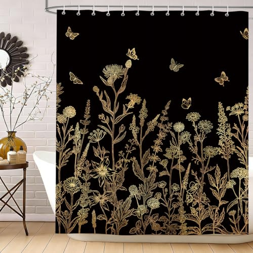 hometrixx Boho Vintage Duschvorhang Schwarze Gold Blumen Retro 180x200cm | Wasserdicht Polyester, Maschinenwaschbar, Badevorhänge mit 12 Ringe, Schimmelresistent Badezimmervorhang für Dusche Bad