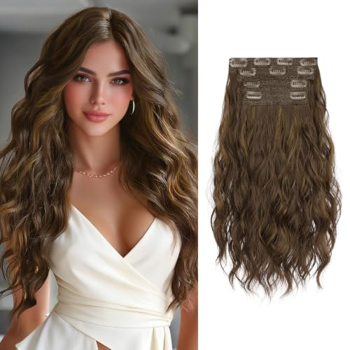 Sofeiyan Clip in Extensions, 4PCS 40 cm Haarverlängerung für Damen, Lockige Dicke Synthetische Haarextensions zum Einklippen Natürliches Weiches Clip in Haarteil – Braun mit Goldenen Strähnen