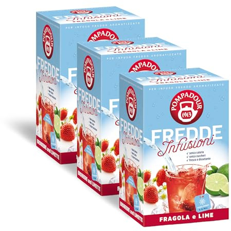 POMPADOUR Fredde Infusioni Fragola e Lime 54 Filtri, 3 Confezioni da 18, Infuso a Freddo Senza Zuccheri e Calorie, Bevanda Dissetante Naturale per Bicchiere o Borraccia, Pronta in 5 Minuti