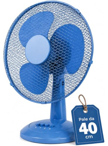 BAKAJI Ventilatore da Tavolo Diametro 40 cm con 3 Velocità Selezionabili, Funzionalità Oscillazione Automatica, Inclinazione Regolabile, Silenzioso, Potenza 45 Watt da Appoggio (Blu)