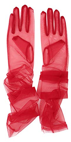 Women's Bridal Mesh Tulle Gloves - Long Opera Halloween Costume Party Elbow Length Sheer Gloves, Red, One Size