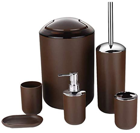 MisFox Set di Accessori per Bagno - 6 Pezzi - Stanza da Bagno Set con Dispenser Sapone, Pattumiera, Portaspazzolino, Tazza da Denti, Spazzolino da Toilette e Portasapone - caffè