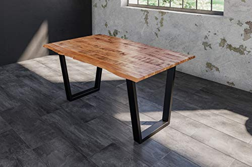 SAM Esstisch Dora 160 x 85 cm, Mangoholz massiv, lackiert & naturfarben, Baumkantentisch mit V-Metallgestell in Mattschwarz, echte Baumkante, 26 mm