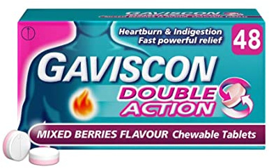 Gaviscon Double Action, Chewable tablets, Mixed Berries, 48 tablets - Heartburn & Indigestion, Fast powerful relief, Convenient on the go tablets, Antacids for Effective Digestion, Acid Reflux Relief