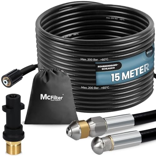 Flexible de nettoyage de tuyaux, 15m, 160-200 bar, adaptateur inclus, buses fixes + rotatives, compatible avec les nettoyeurs haute pression Kärcher K2, K3, K4, K5, K6, K7