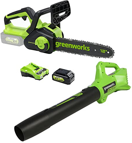 Greenworks Motosega a Catena, Soffiatore Assiale di Foglie con Batteria 4 Ah e Caricabatteria