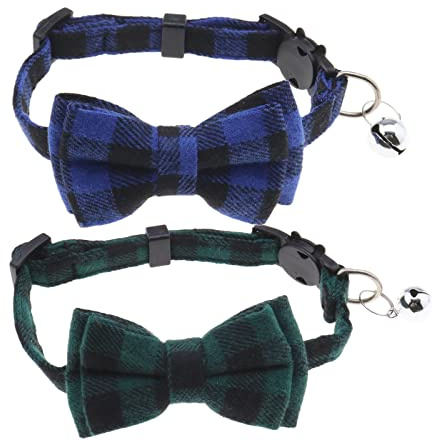 Be In Your Mind Hundehalsbänder mit Glöckchen und Fliege, niedliches kariertes Halsband mit weicher, bequemer Schleife und verstellbarer Schnalle für Hunde, Katzen, Haustiere, blau, grün, Größe S