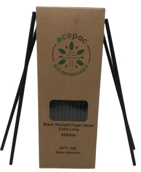 Black Straight 250mm Paper Straw Extra Long 250 Units x 2 Packs