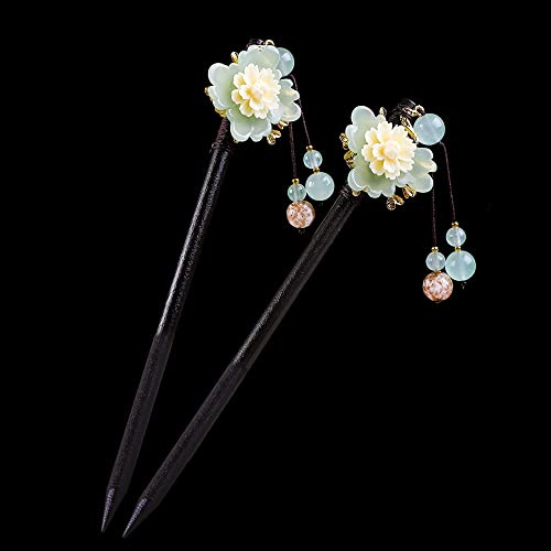 2 palillos de pelo de flores tradicionales chinas, horquilla de madera retro, elegantes palillos de pelo de flores con borla (estilo A)