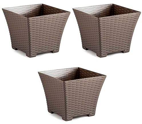 AC - Pack de 3 macetas Cuadrada - Fabricación en plástico – Diseño Rattan – Ideal como macetero, Tiesto, Recipiente para Plantas, Flores, balcón, terraza, jardín – 25 cm – Color Topo