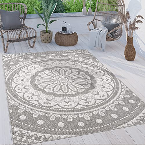 Paco Home Outdoor Teppich wetterfest & robust modernes Mandala & Boho Design pflegeleicht & flachgewebt für Balkon, Terrasse, Garten, Wohnzimmer & Küche Ethno Mandala, Grösse:200x280 cm, Farbe:Grau