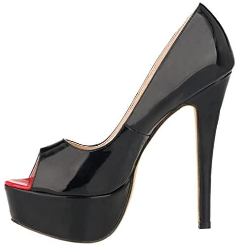 QIANKUN Escarpins Sexy à Talon Haut avec Bout Ouvert, Plateau, pour Femme, Super Hauts Talons en Cuir Verni, Chaussures, Rouge, Mariage, Stilettos, Noir , 39 EU