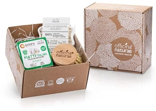 Officina Naturae Gift Box con Detersivo Piatti Solido Menta Solara 180gr + Spazzola per Piatti in fibra vegetale e legno + Porta Sapone Solido compostabile Vegan
