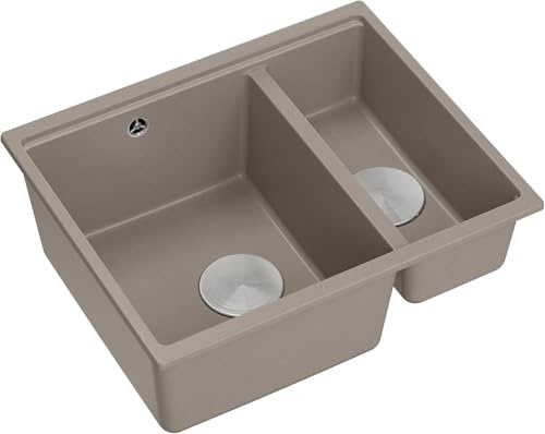 QUADRON Evier double bassin Evier de cuisine | Dimensions 55,5 x 46 x 22 cm, Taupe Doux + Acier (Evier Encastrable) | LOGAN 150 Granit Evier en granit | Sous-élément d'armoire à partir de 60 cm