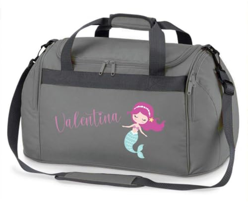 minimutz Sporttasche Schwimmen für Kinder - Personalisierbar mit Name - Schwimmtasche Meerjungfrau Duffle Bag für Mädchen und Jungen (grau)