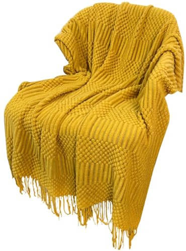Widybord Strickdecke für Couch, Bett und Sofa, Superweiche Decke mit Quasten, Gemütliche Heimdekoration, Langlebig, Gelb