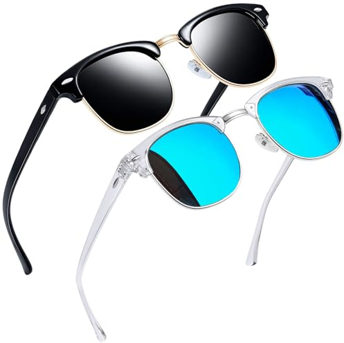 Joopin Polarised Classic Semi-Rimless Sunglasses for Women Men | Anti-Glare, UV400 Protection, Retro Horn Rimmed Half Frame Square Lightweight Durable for Driving Running Fishing Cycling