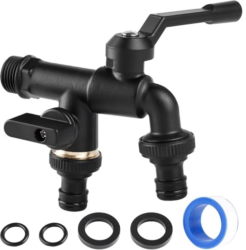 Universal Wasserhahn Garten, 1/2 Zoll Doppel Auslaufhahn aus Messing mit 2*Gummidichtungen + 2*O-Ringe + 1*wasserdichtes Klebeband + 2* Schlauchadapter, für Garten, Waschmaschine, Schwarz