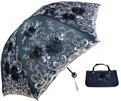 WENDIN Regenschirm mit 3D-Blumenstickerei, Spitzenschirm mit Blitzfolie, Dekoration, Anti-UV-Sonnenschirm, faltbarer Regenschirm für Hochzeit, Party, Spitze, Brautschirm (schwarz)