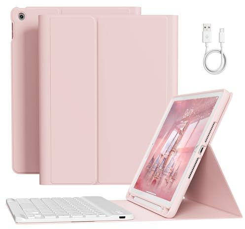 GKABXY Funda de teclado para iPad de 9ª/8ª/7ª generación de 10.2 pulgadas 2021/2020/2019, cubierta trasera de TPU suave con soporte para bolígrafo, teclado Bluetooth inalámbrico desmontable