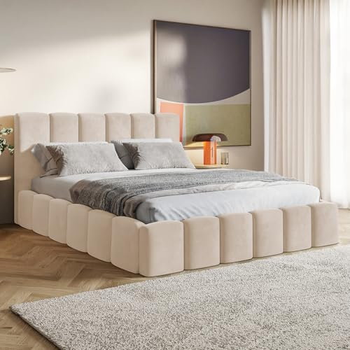 MOTIVENA Nunu Bubble Bett 120x200 Beige Samt, mit Stauraum, mit Kopfteil, mit Lattenrost, ohne Füße, ohne Matratze, Bubble Polsterbett 120x200 mit Bettkasten Beige (Creme)
