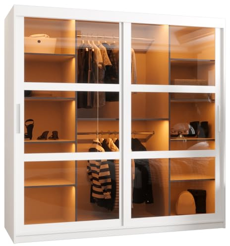 MEBLE KRYSPOL Dome Schrank mit Zwei Schiebetüren mit Spiegel, Stangen und Regalen - Aufbewahrungsschrank mit Rauchglas für Schlafzimmer, Wohnzimmer - 200x180x62cm - Weiß, Weiß, Silber