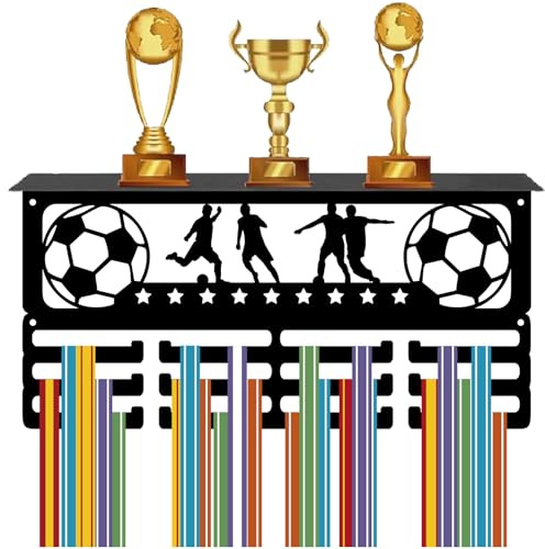 CREATCABIN Medaillenhalter Fußball Sportmedaillen Aufhänger Mit Trophäenregal Auszeichnungsband Organisationshaken Metallgestell Wandhalterung Für Medaillen Fußballathleten Spieler Rennen 40x20x10cm