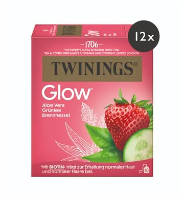 Twinings GLOW Grüner Tee mit Aloe Vera & Brennnessel mit Biotin - wohltuende Kräutertee Mischung zur natürlichen Unterstützung von Haut & Haar, 12er Pack (je 10 Beutel)