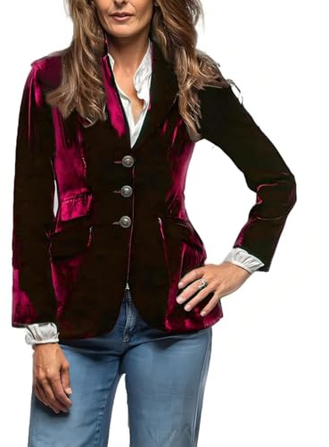Women Vintage Velvet Blazer Jacket V-Neck Work Office Suit Slim Fit Slit Blazer Long Sleeves Dressy Coat Red