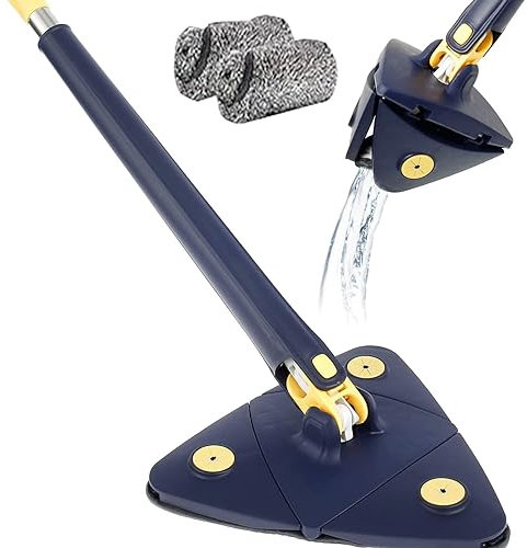 Mopa de limpieza triangular de microfibra con mango giratorio de 360 grados y 2 almohadillas reutilizables