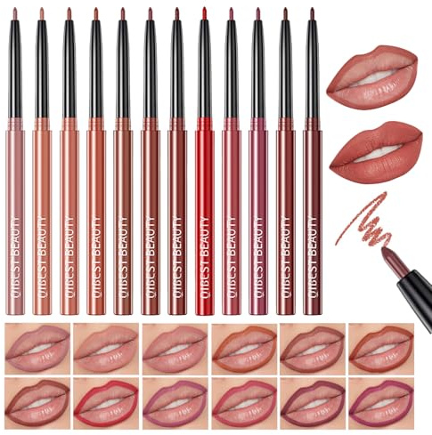 QiBest 12Pcs Crayon Lipsticks Gel Lip Liner Pencil Set, Creamy Long-Lasting Lip Colors Makeup Kit for Women and Girls, Retractable Lipliner Pencils Pack with Rich Color & Smooth Application