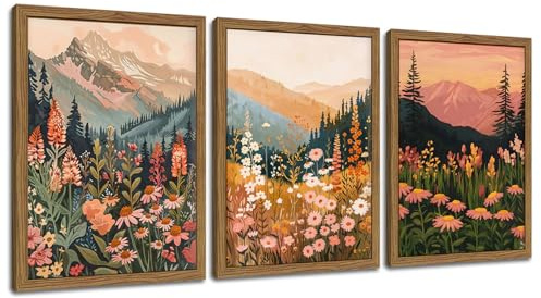 Boho Colorful Landscape wall art Wildflower Mountain Wall Decor Vintage Floral Forest Paintings Rustic Nature Pictures Canvas Prints for Living Room Bedroom Dining Room 12x16 Inch Wood Framed