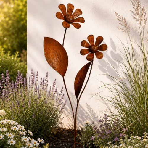 Terma Gartenfiguren XXL Rostfiguren Gartendeko (3D Blume mit Zwei Blüten)