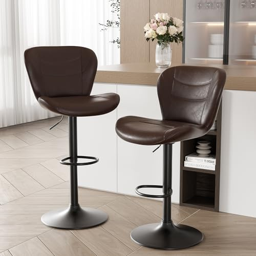 YUUIJOAA 2er Set Barhocker, Barhocker Höhenverstellbar mit Rückenlehne und Fußstütze, 360° Drehbarer Barstuhl mit Lehne, PU-Leder, Barstuhl für Küche,Bar, Esszimmer, Dunkelbraun