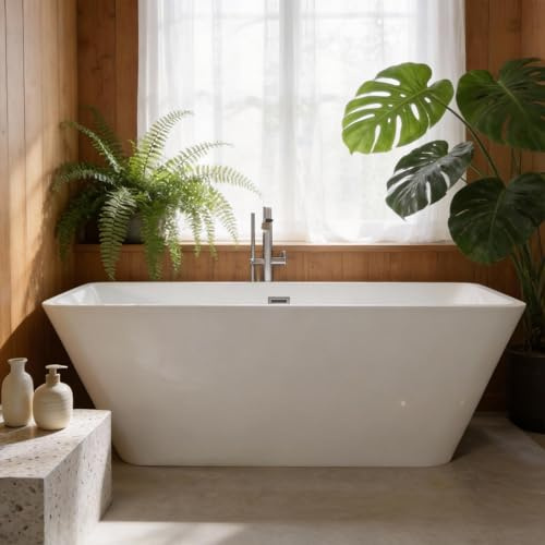 59'' Acrylic Freestanding Bathtub with Chrome Drain Kit, Contemporary Square Soaking Tub with Overflow and Flexible PVC Drain Pipe, Double-Walled Insulation, cUPC Certified, Glossy White Finish