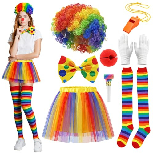 Woparty Clown Kostüm Zubehör 8 Stück Set mit Clown Perücke, Krawatte, Kleid, Socken, Handschuhe, Pfeifen usw für Halloween Rollenspiel Erwachsene Zirkus Show Karneval Kostüm